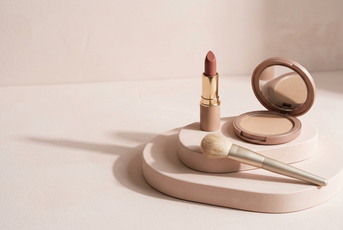 Rose-toned makeup hero with elegant product styling